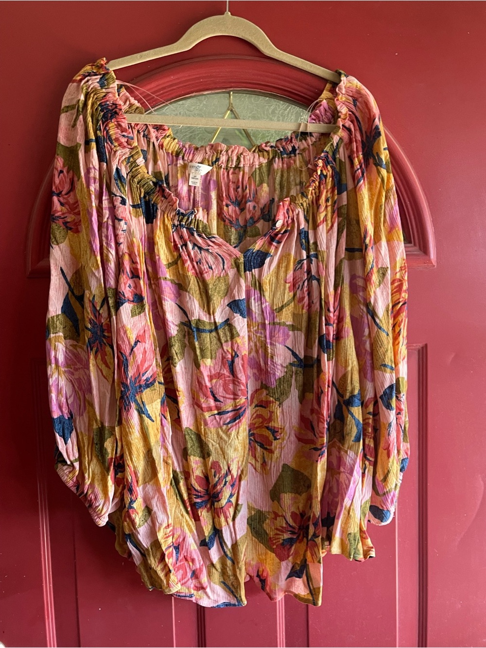 Terra & Sky Pink, Navy & Olive Floral Off-Shoulder Top